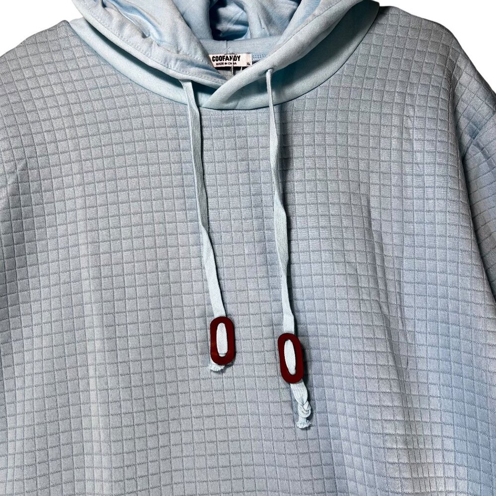 NEW Coofandy XL Light Blue Grid Pattern Hoodie Drawstrings Faux Leather Patch - Picture 5 of 10